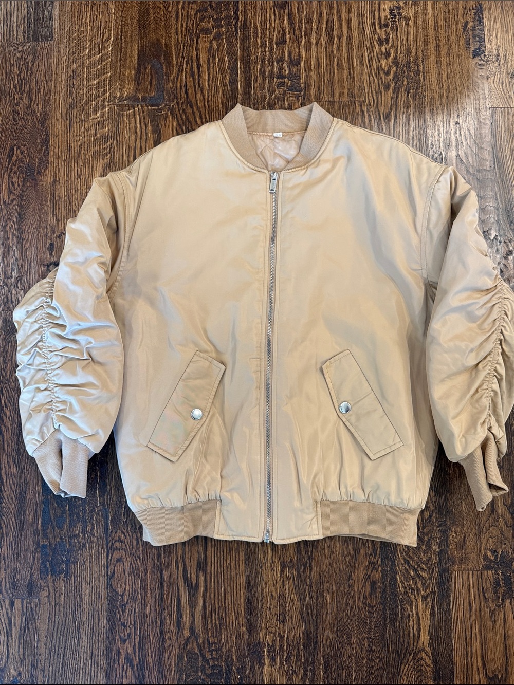NWOT Tan Bomber Jacket with Ruched Sleeves